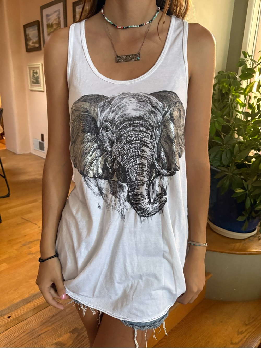 Lauren Moshi White Elephant Graphic Tank Racerbacl size S/M LA Designer